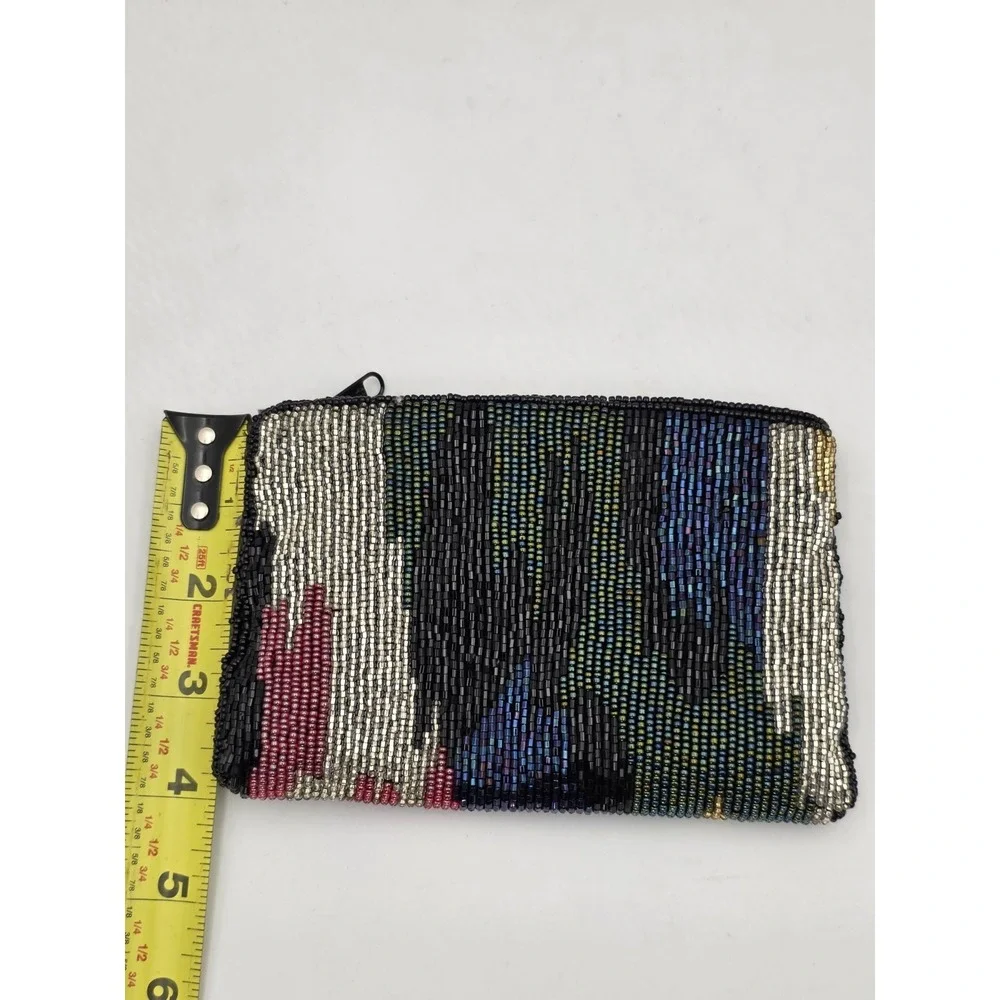 VTG Neiman‎ Marcus Beaded Coin Purse Clutch Abstract Zip Black Gold 6x4